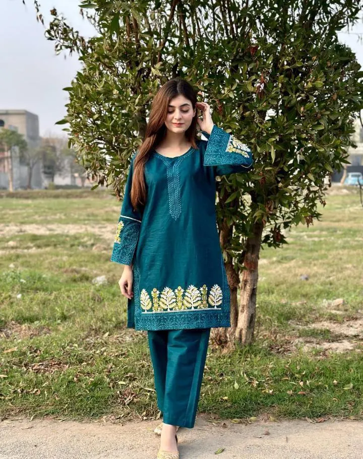 2 Pcs Women's Stitched Linen Embroidered Shirt And Trouser