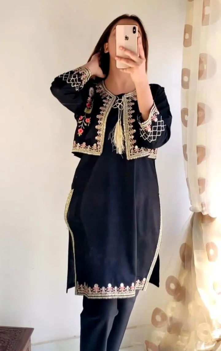 2 Pcs Women's Stitched Linen Embroidered Shirt And Trouser