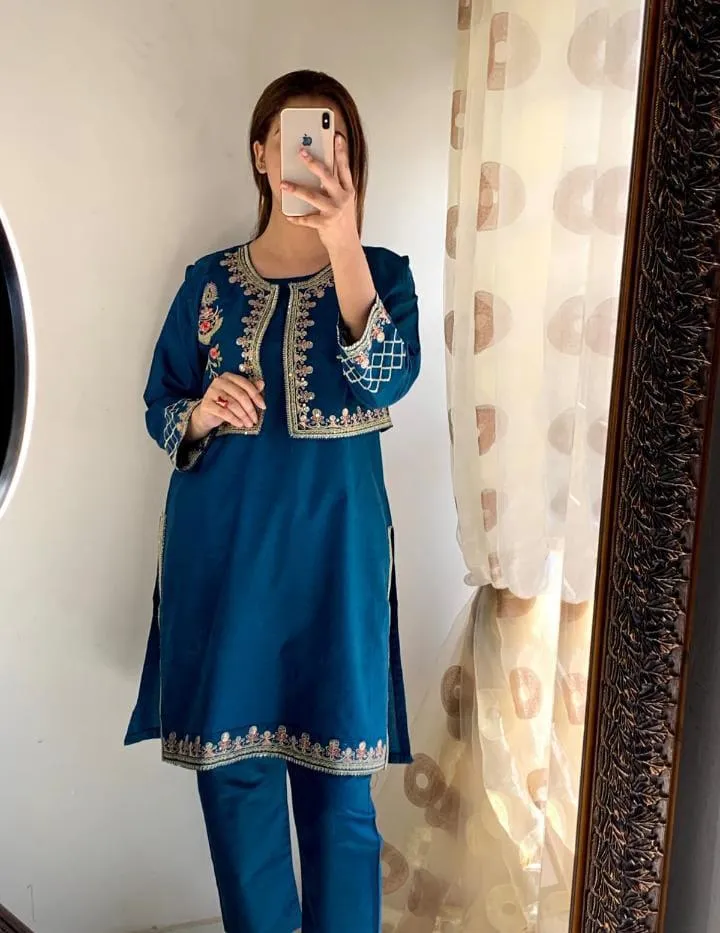 2 Pcs Women's Stitched Linen Embroidered Shirt And Trouser