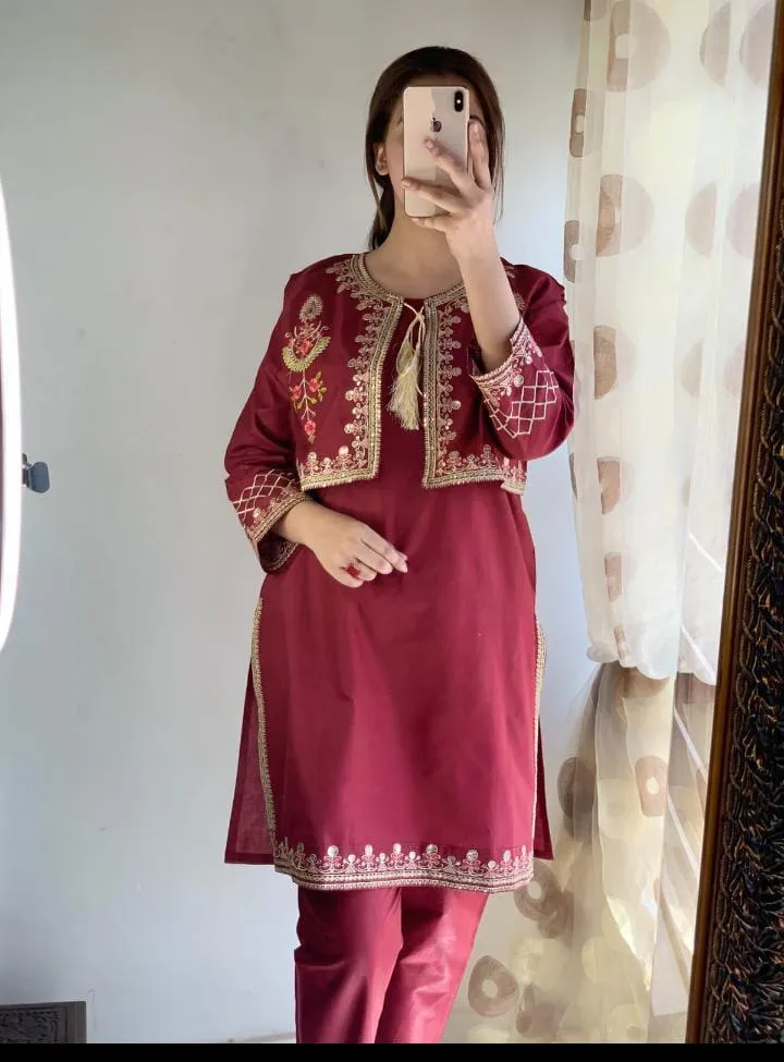 2 Pcs Women's Stitched Linen Embroidered Shirt And Trouser