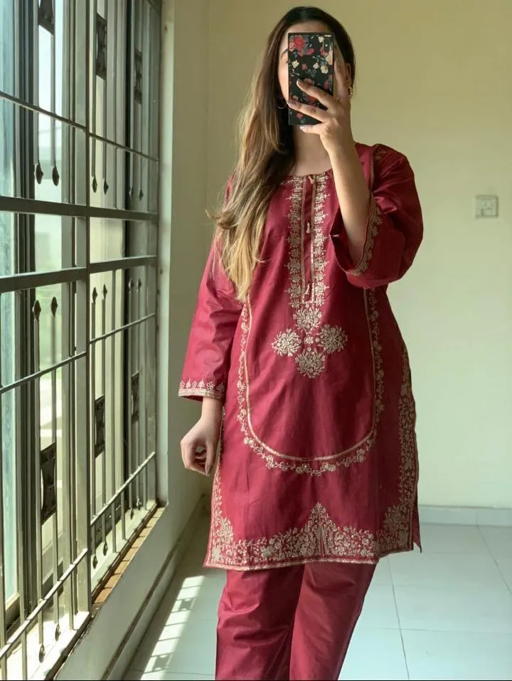 2 Pcs Women's Stitched Linen Embroidered Shirt And Trouser