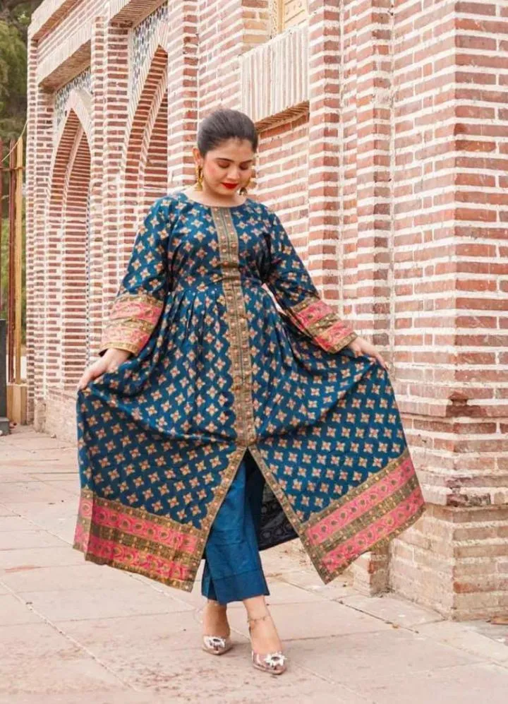 Stylish Women's Stitched 2 Pcs Silk Printed Frock and Trouser Set