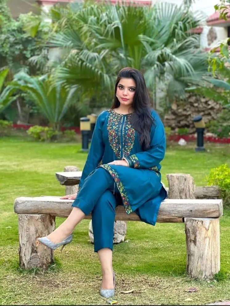 Turquoise Embroidered Women's Stitched Shirt and Trouser Set - 2 Pcs