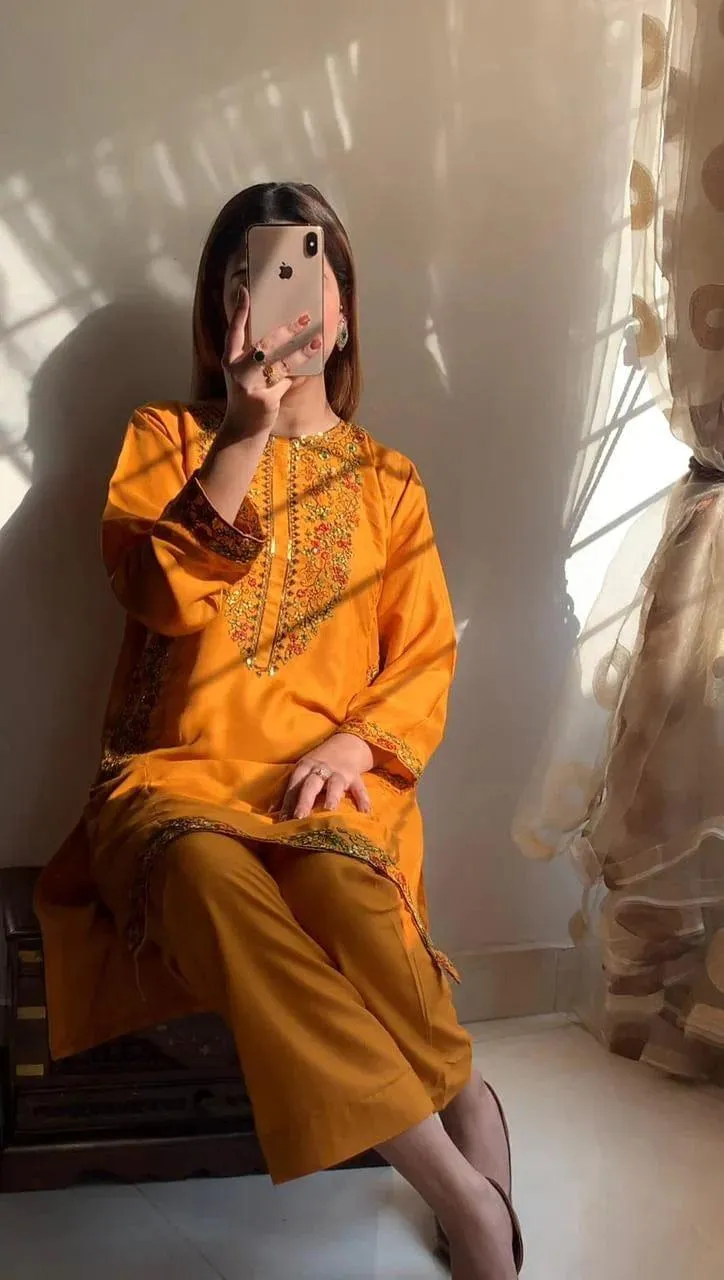 Stylish Mustard Linen Embroidered Shirt and Trouser Set - 2 Pcs for Everyday Wear