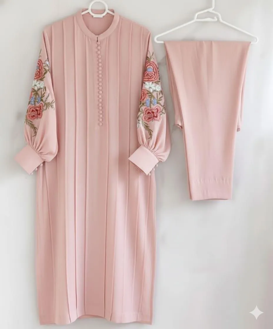 Embroidered Linen Shirt and Trouser Set - 2 Pcs Women's Stitched Outfit in Peach