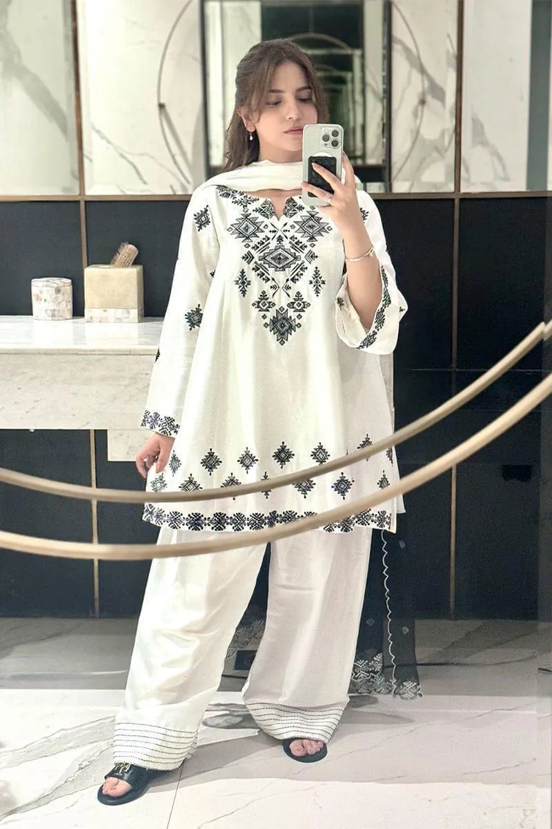 Elegant Women's Stitched Embroidered Linen Shirt and Trouser Set - 2 Pcs