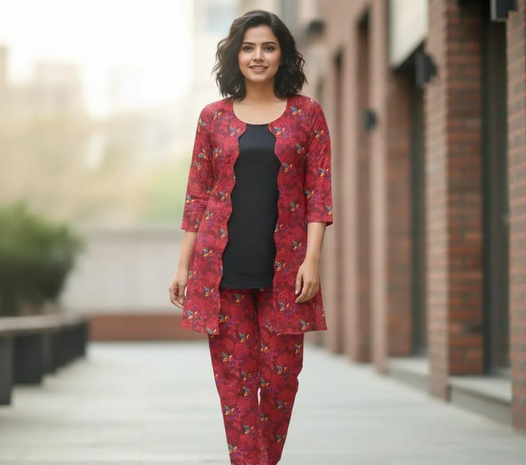 Embroidered Khaddar Women's Shirt and Trouser Set - 2 Pcs in Red