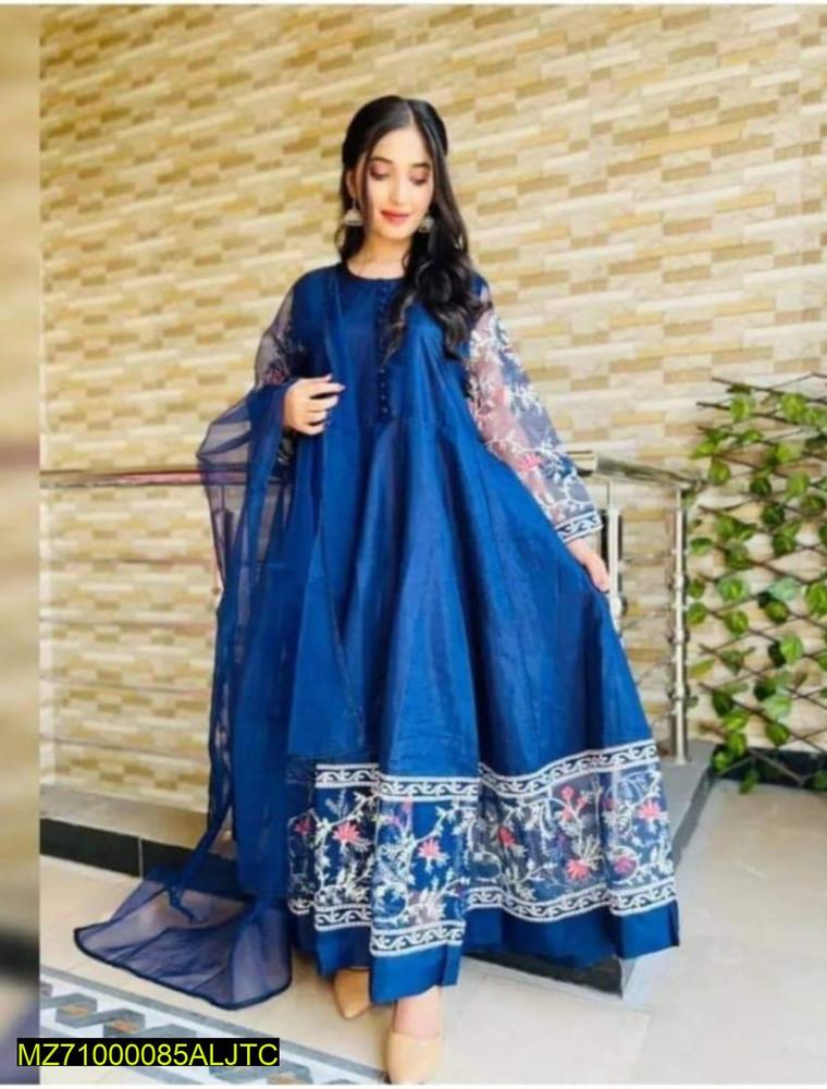 3 Pcs Women's Stitched Fancy Katan Silk Embroidered Maxi