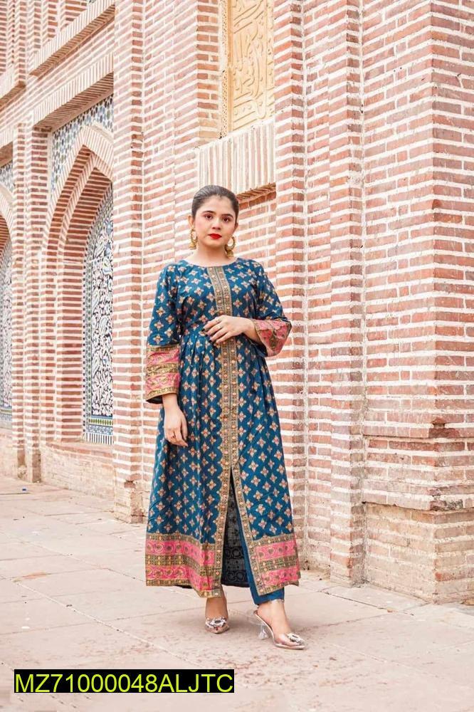 2 Pcs Women's Stitched Katan Silk Printed Maxi