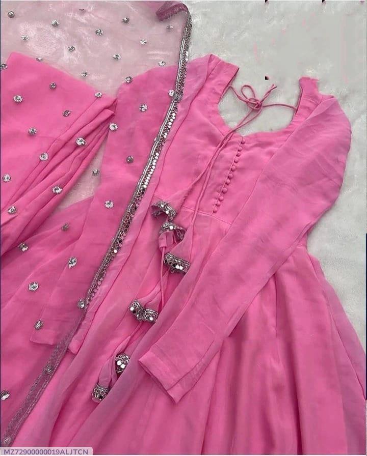 3 Pcs Women's Stitched Chiffon Plain Maxi Suit