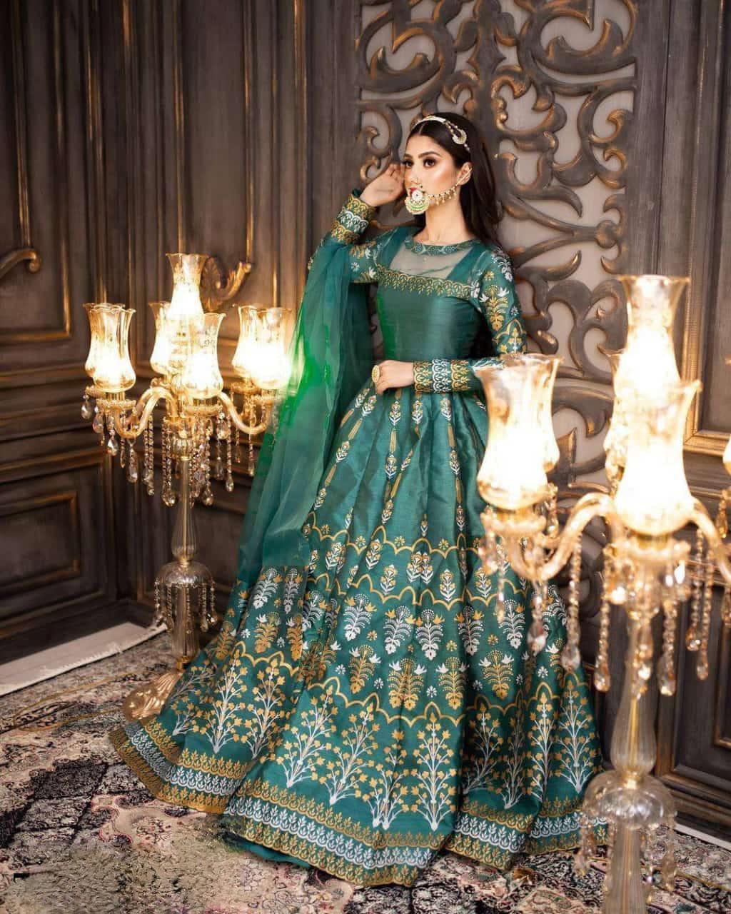 Elegant Teal Katan Silk Block Printed Maxi Suit - 3 Pcs Set