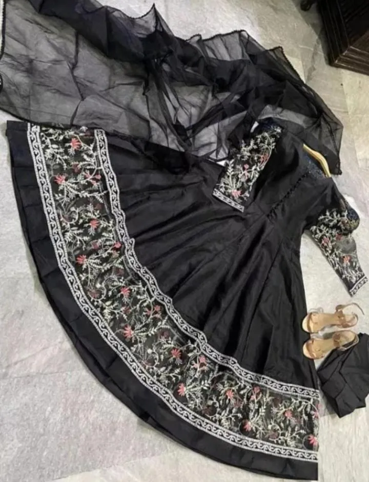 3 Pcs Black Chiffon Embroidered Women's Stitched Maxi Suit