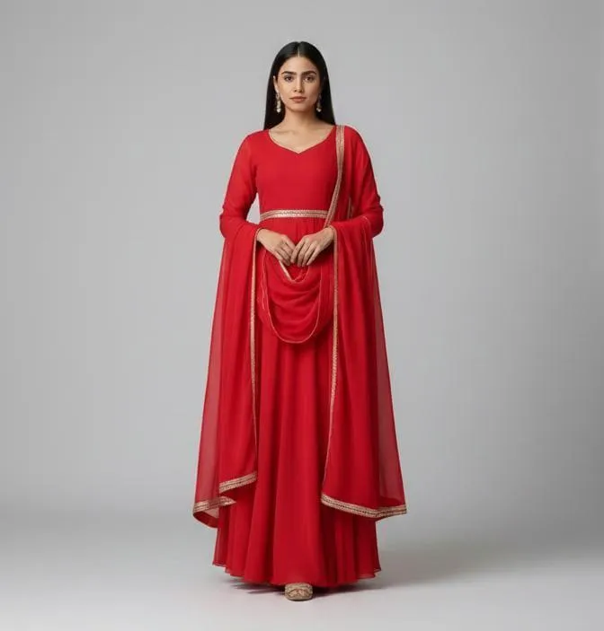 3 Pcs Women's Chiffon Plain Maxi Suit with Dupatta and Trouser - Stylish Red Ensemble