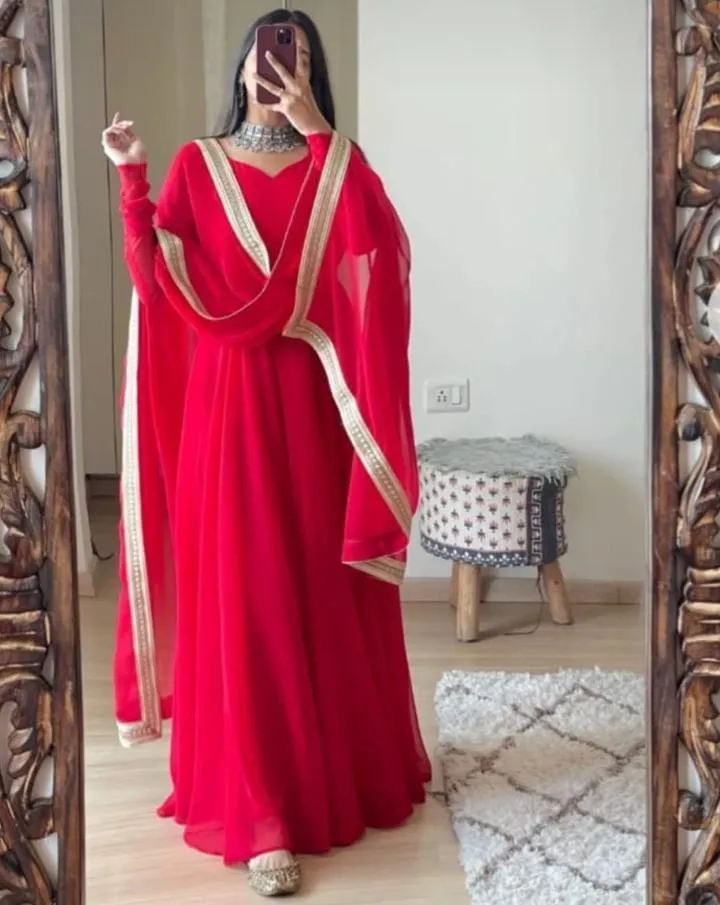 3 Pcs Women's Chiffon Plain Maxi Suit with Dupatta and Trouser - Stylish Red Ensemble