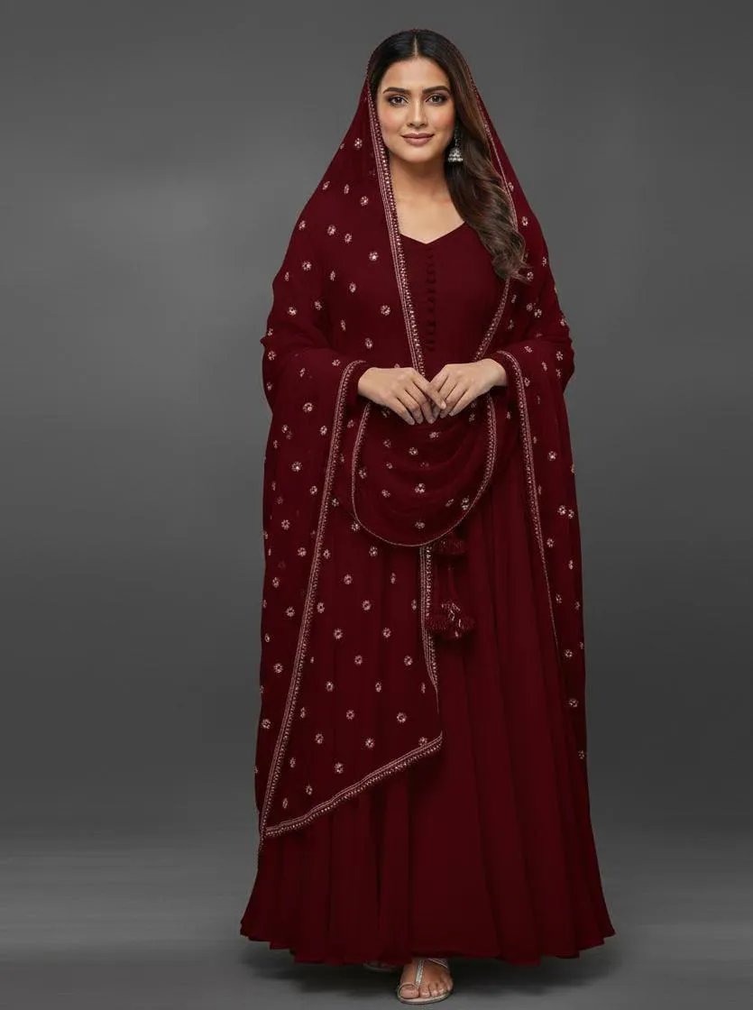 Stunning 3 Pcs Crinkle Chiffon Maxi Suit with Dupatta and Trouser - Plain Maroon Elegance