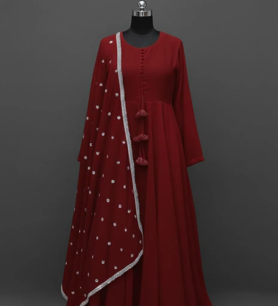Stunning 3 Pcs Crinkle Chiffon Maxi Suit with Dupatta and Trouser - Plain Maroon Elegance