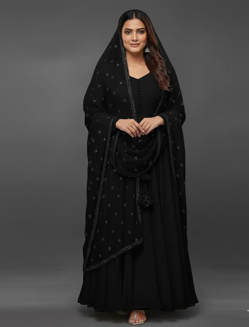 Stylish Black Crinkle Chiffon Maxi Suit - 3 Pcs Set with V-Neck Design