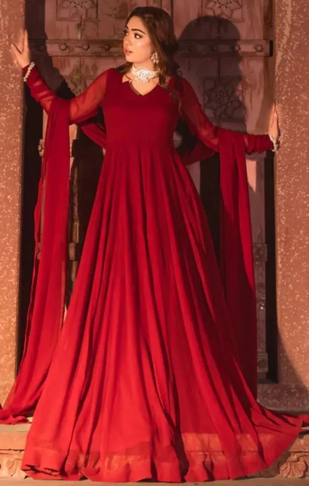 Stunning 3 Pcs Women's Stitched Chiffon V-Neck Maxi Suit in Red - Includes Dupatta & Trouser