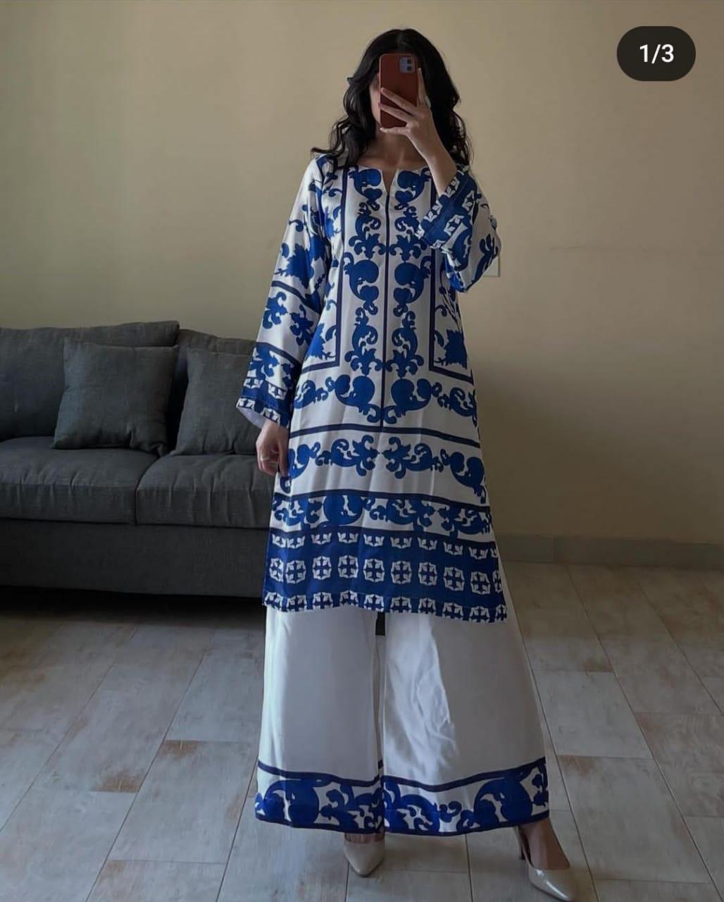 Women's Stitched Printed Khaddar Shirt and Trouser Set - 2 Pcs - Blue