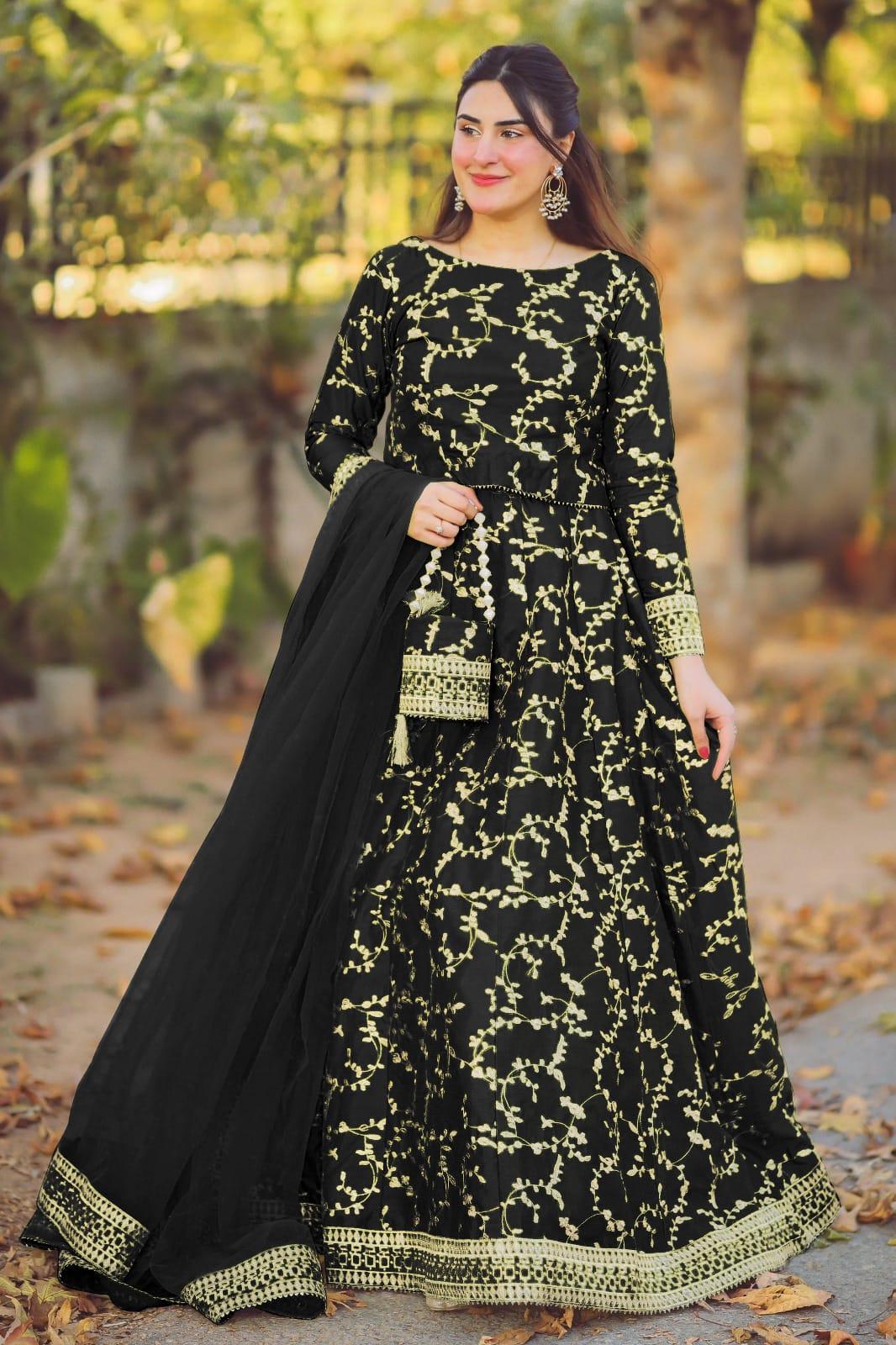 Stunning Black Katan Silk Embroidered Lehenga Set - 4 Pcs