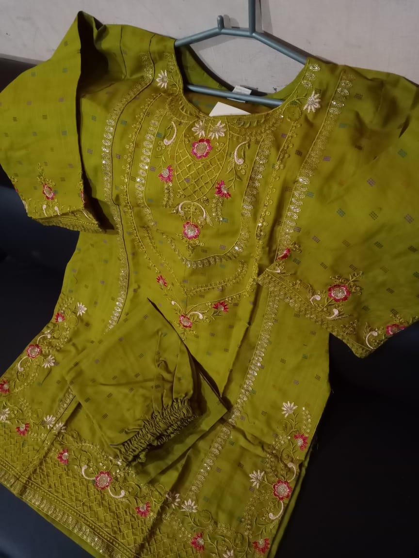 Stylish Women's Stitched Cotton Embroidered Shirt And Trouser Set - 2 Pcs in Green