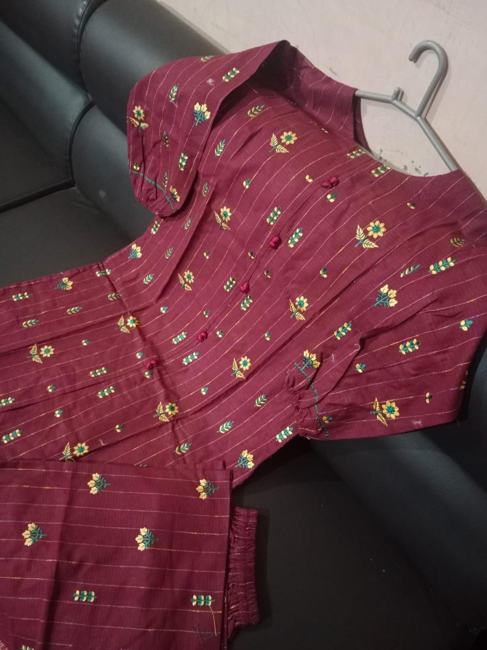 Embroidered Cotton Shirt And Trouser Set - 2 Pcs in Maroon