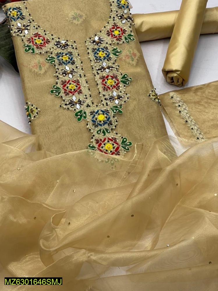 3 Pcs Women's Unstitched Fancy Tissue Suit