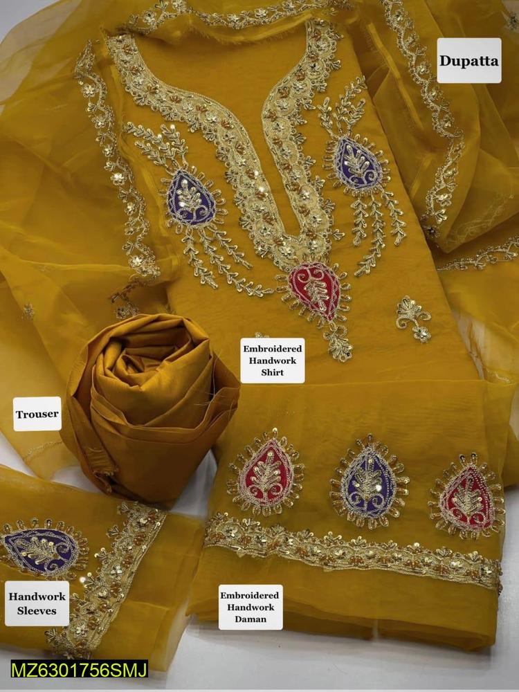 3 Pcs Women's Unstitched Organza Embroidered Suit