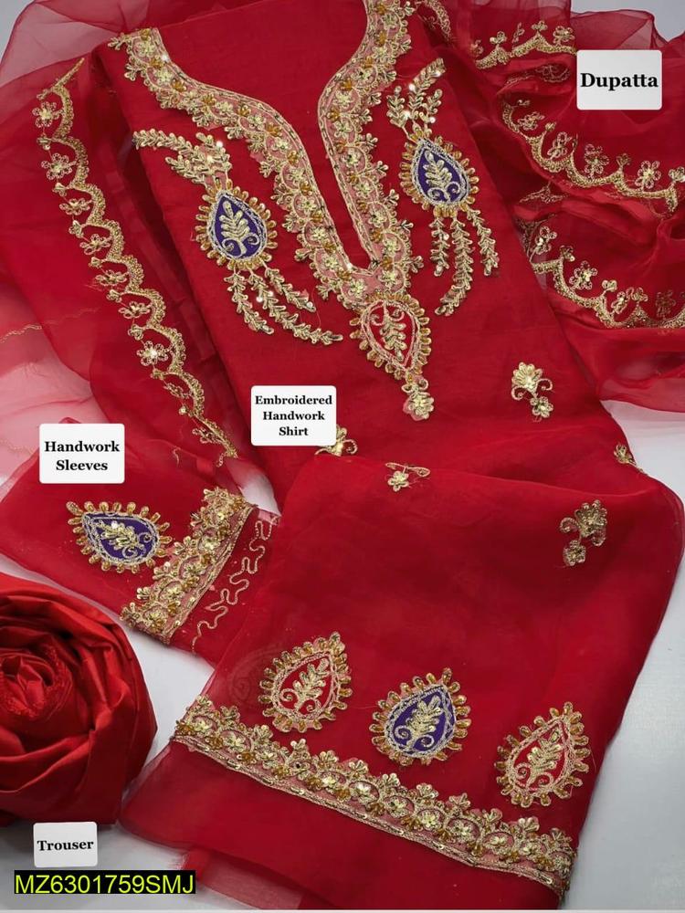 3 Pcs Women's Unstitched Organza Embroidered Suit