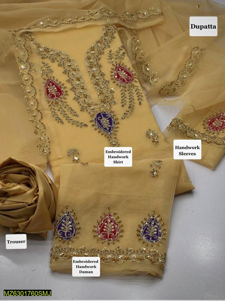 3 Pcs Women's Unstitched Organza Embroidered Suit