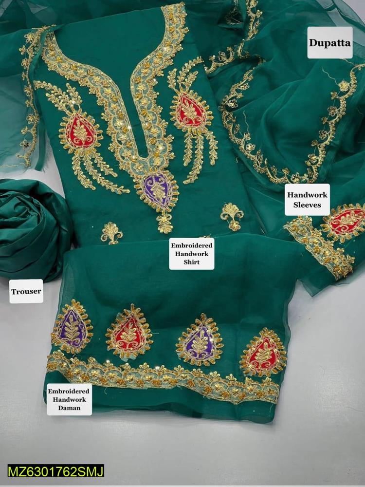 3 Pcs Women's Unstitched Organza Embroidered Suit