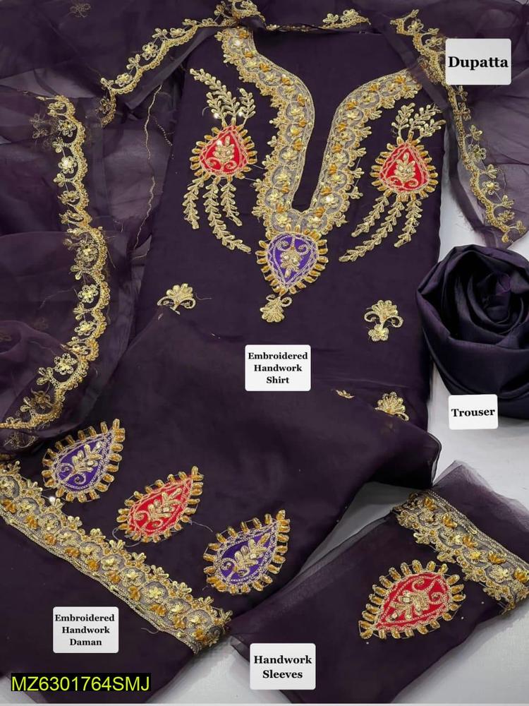 3 Pcs Women's Unstitched Organza Embroidered Suit