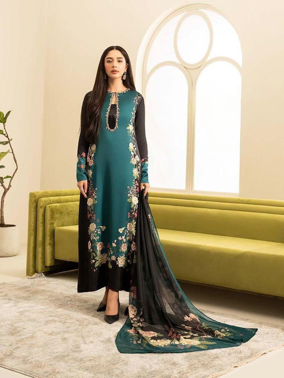 Elegant Blue Silk Suit with Embroidered Detailing and Digital Print Dupatta
