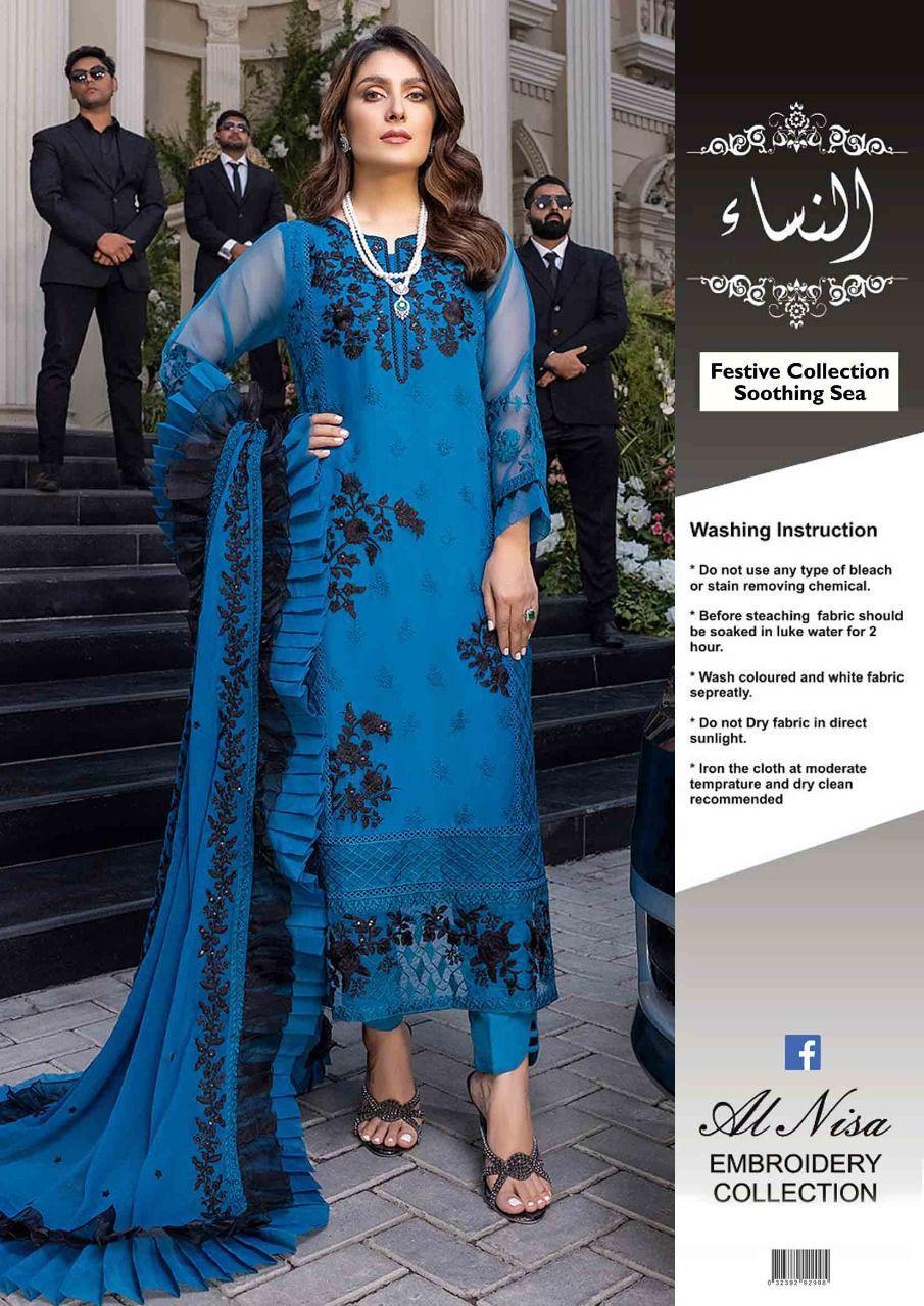 Blue Embroidered Chiffon Suit with Malai Trouser - 2 Pcs Set