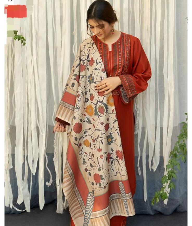 3 Pcs Women's Unstitched Embroidered Suit