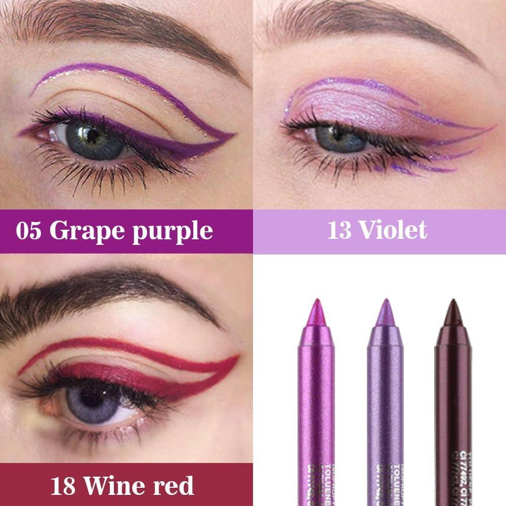 3 Pcs Waterproof Smudge Proof Smooth Eyeliner Pencil Set in Brown, Purple, and Blue
