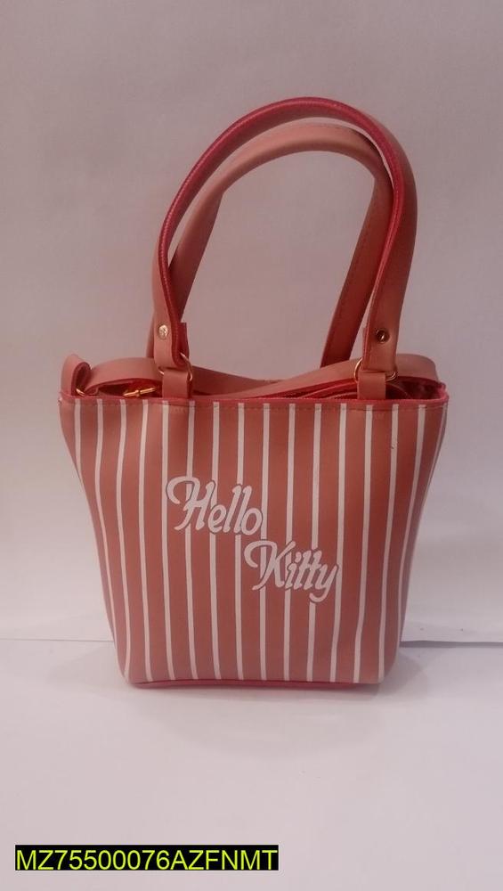 Hello Kitty Rexine Striped Handbag Peach White