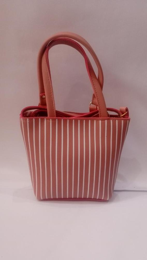 Hello Kitty Rexine Striped Handbag Peach White