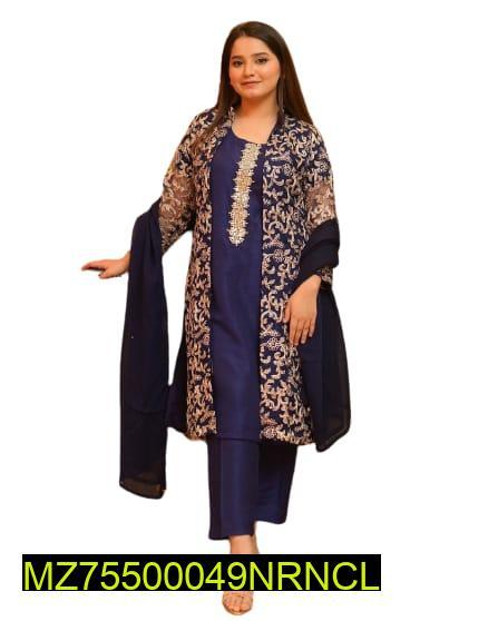 4 Pcs Women's Stitched Fancy Organza Embroidered Suit