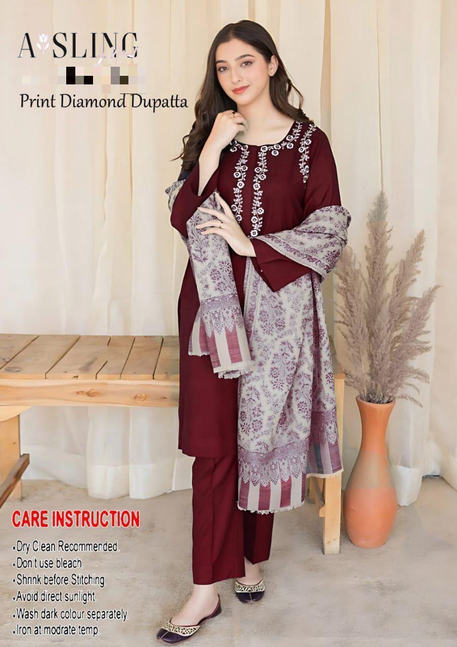3 Pcs Women's Unstitched Dhanak Embroidered Suit