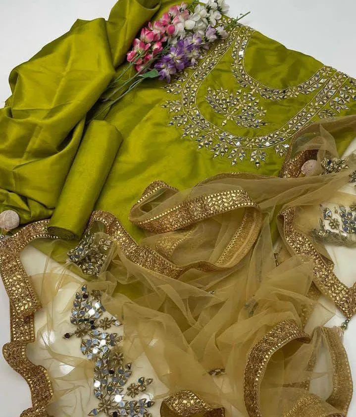 3 Pcs Women's Unstitched Sheesha Work Suit