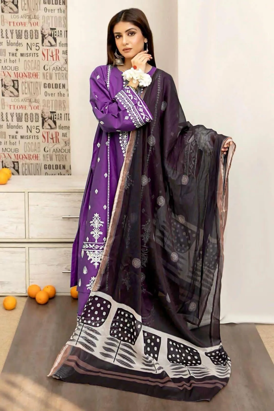 Purple Embroidered 3-Piece Lawn Suit for Women
