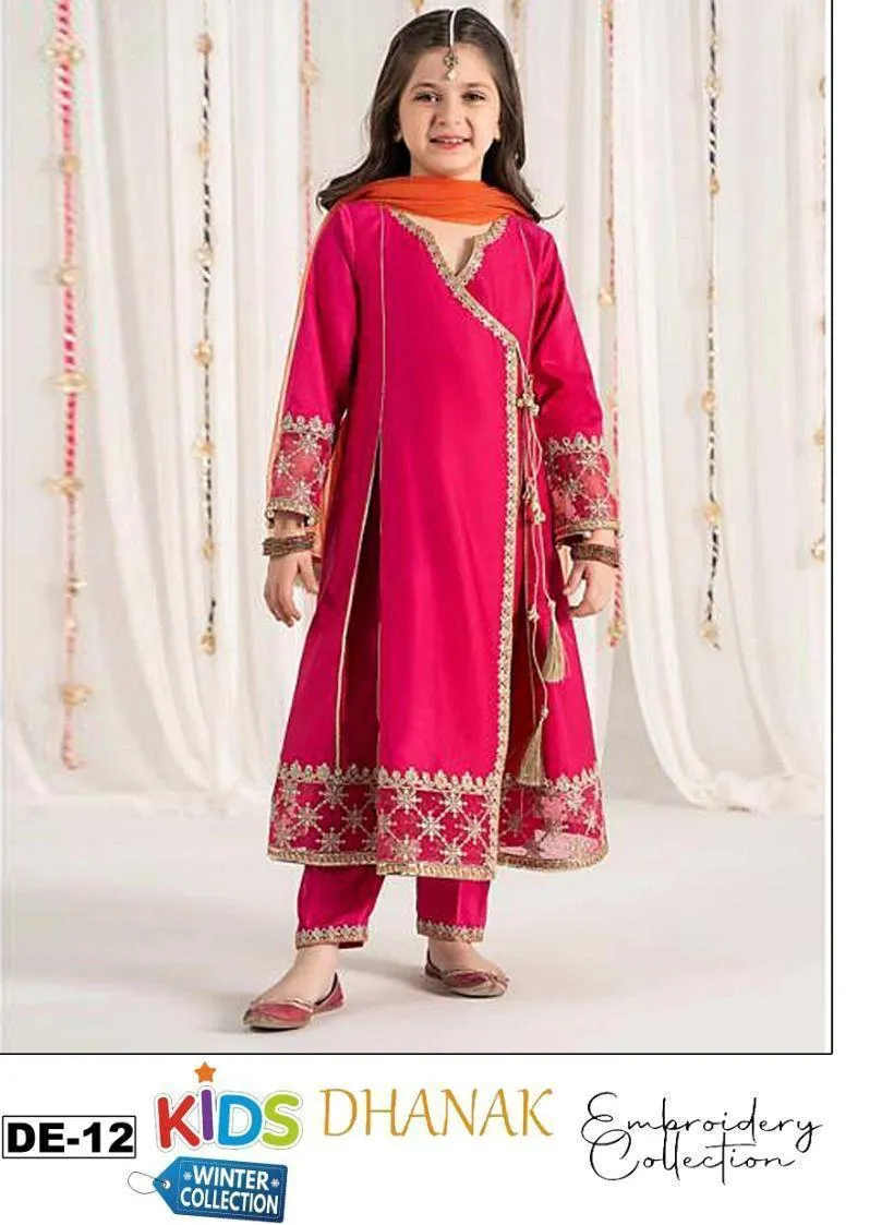 3 Pcs Girl's Dhanak Embroidered Frock And Trouser Set