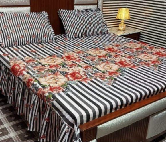 3 Pcs Cotton Salonica Patch Work Frill Double Bedsheet
