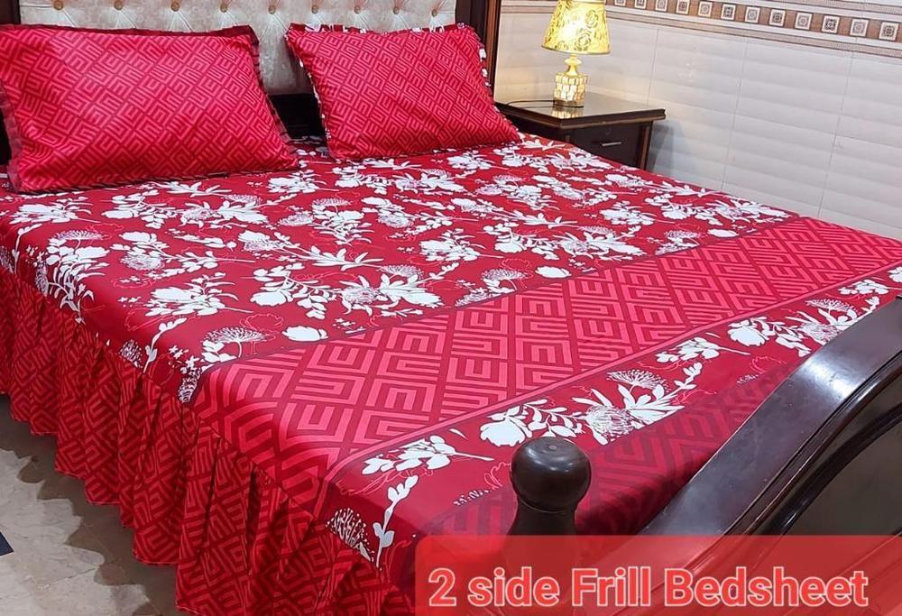 3 Pcs Cotton Salonica Patch Work Frill Double Bedsheet