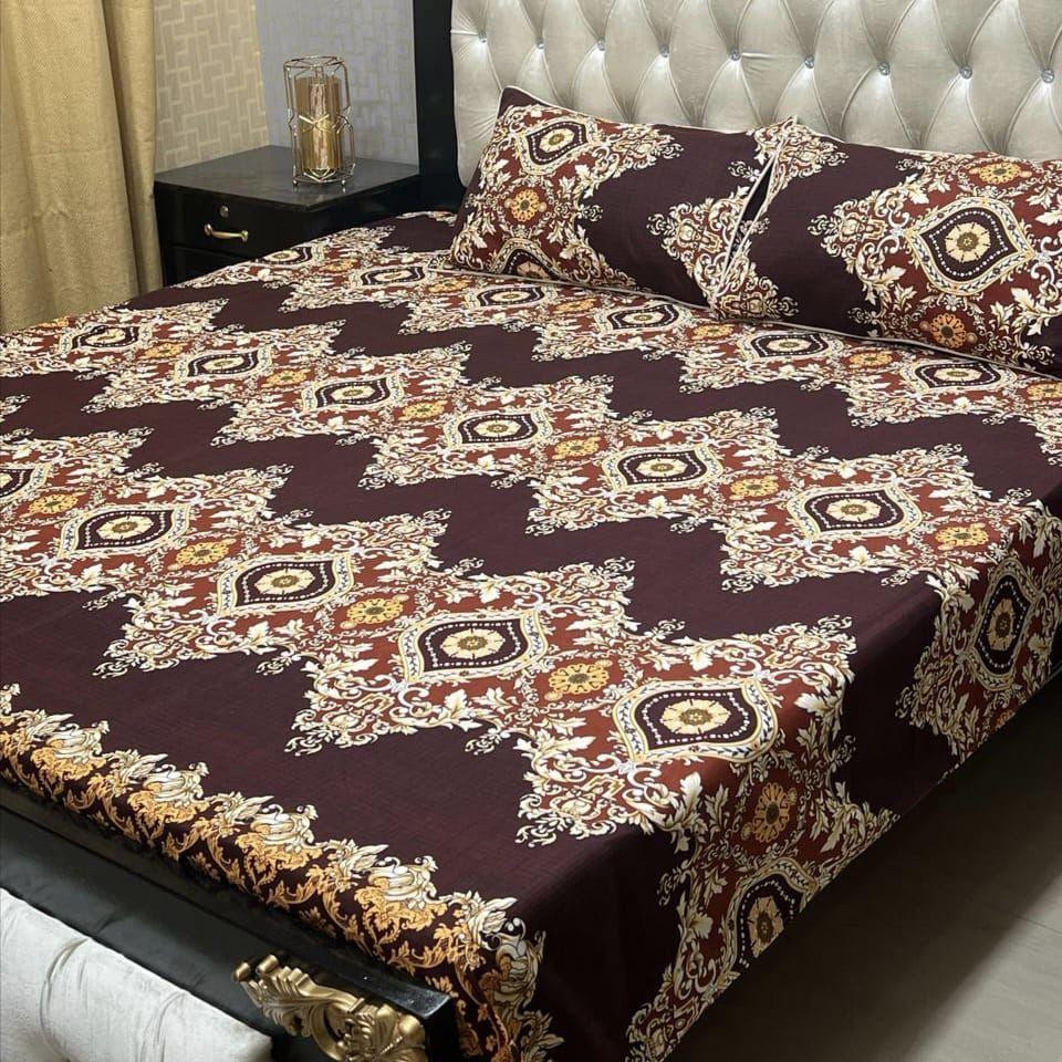 3 Pcs Crystal Cotton Printed Double Bedsheet