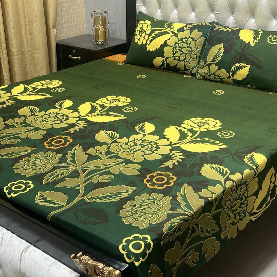 3 Pcs Crystal Cotton Printed Double Bedsheet