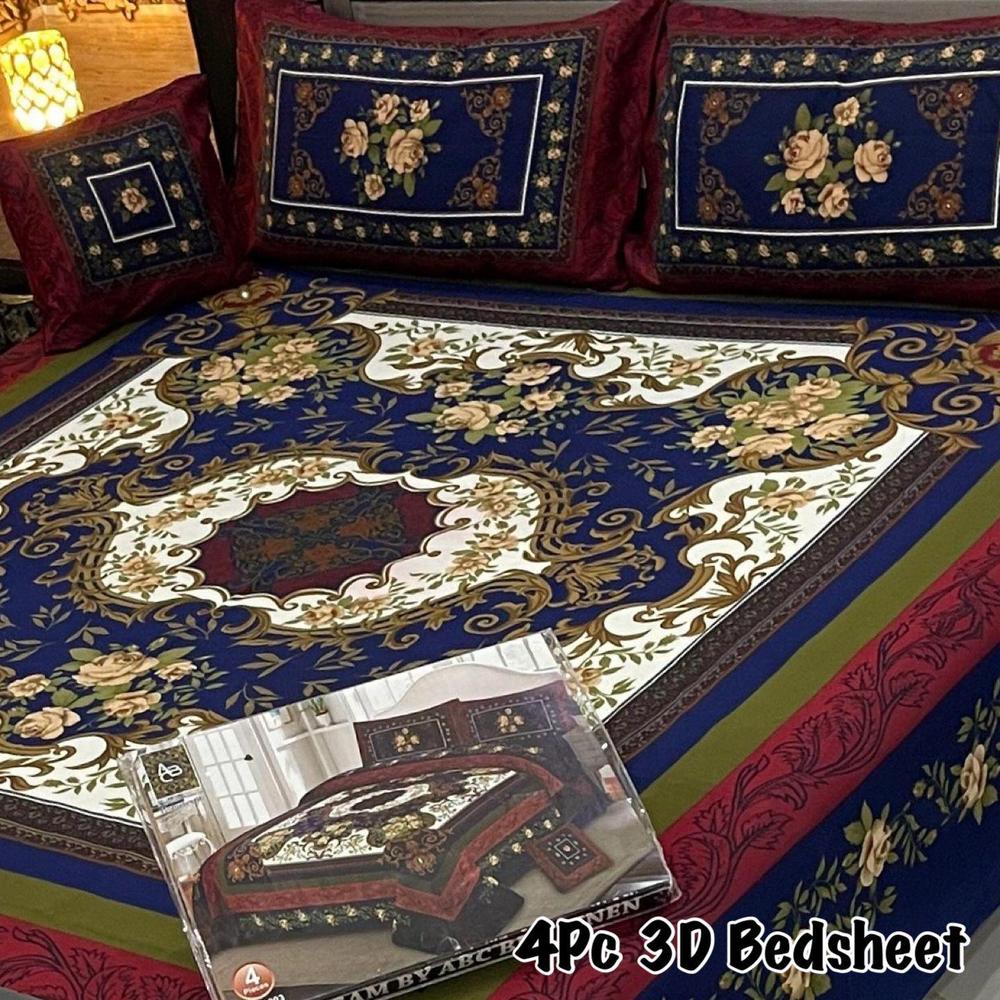 4 Pcs Crystal Cotton Printed Double Bedsheet
