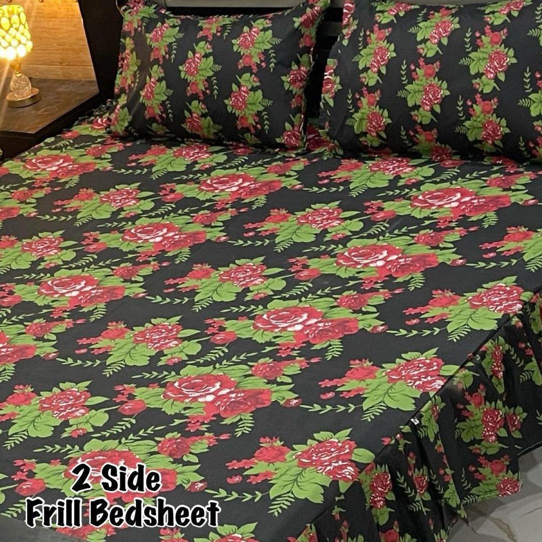 Stunning Frill Pattern Double Bedsheet Set - 3 Pcs of Mix Cotton Bedding Collection
