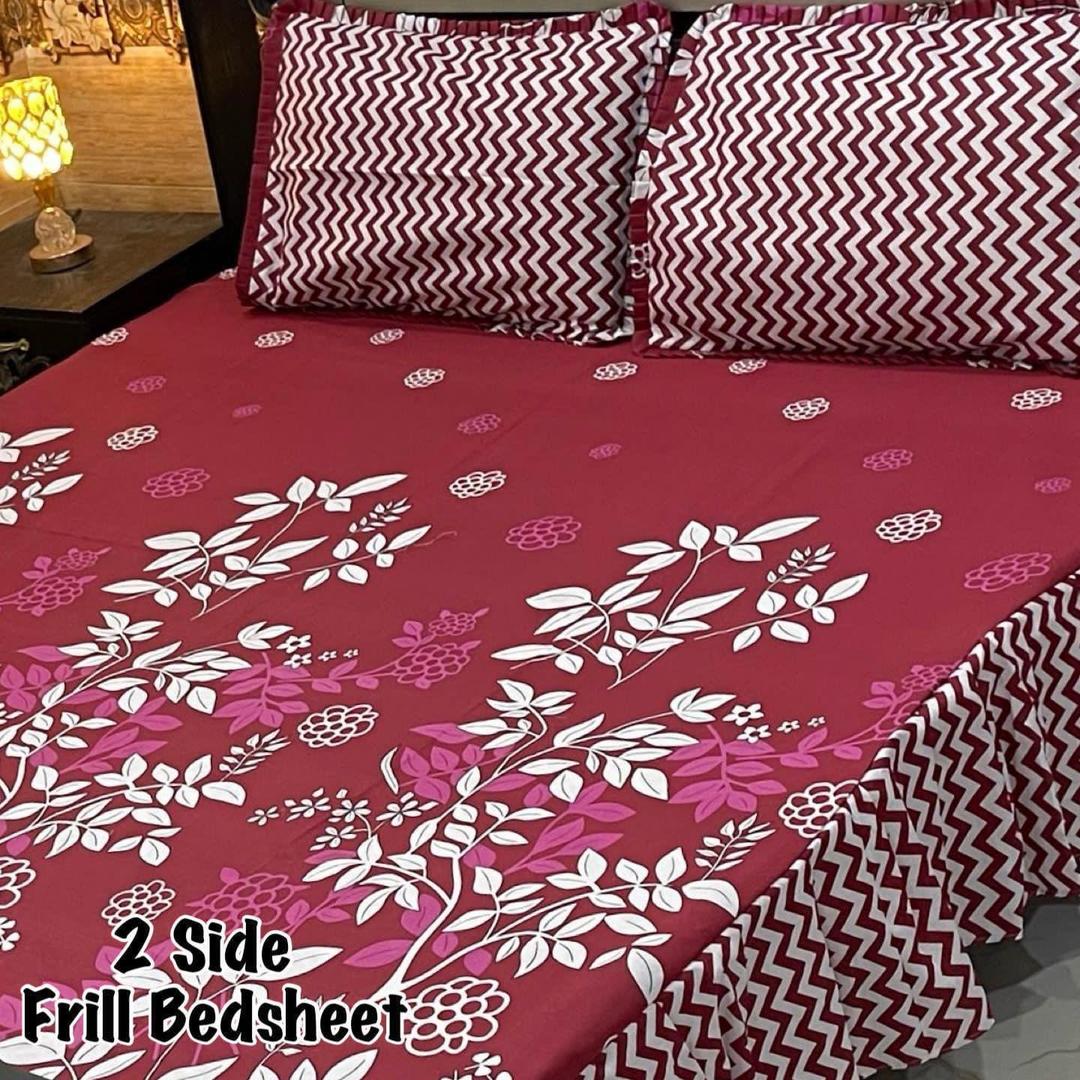 Luxurious 3 Pcs Frill Mix Cotton Double Bedsheet Set in Vibrant Red